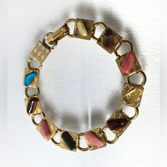 Vintage Natural Tumbled Semi-Precious Gemstone Gold Tone Metal Link Bracelet - Picture 2 of 6